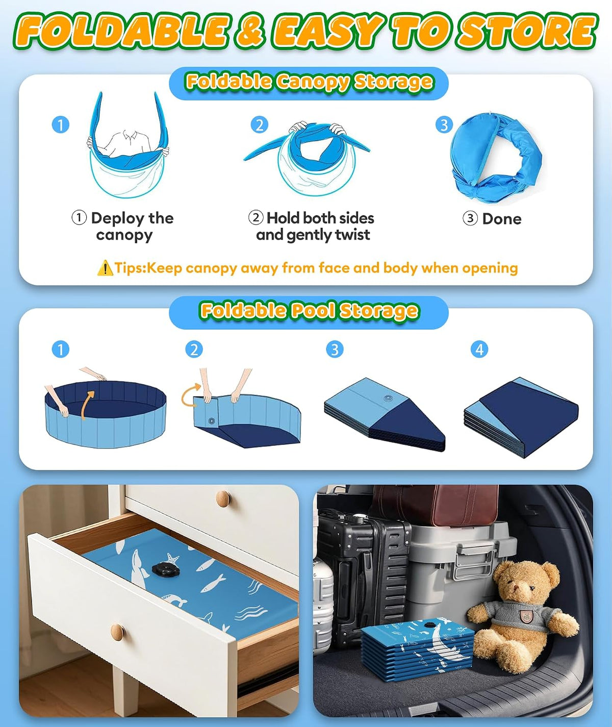Foldable Dog Pool 140x30cm Canopy UV Sun Protection Outdoor Pet Paddling EPN