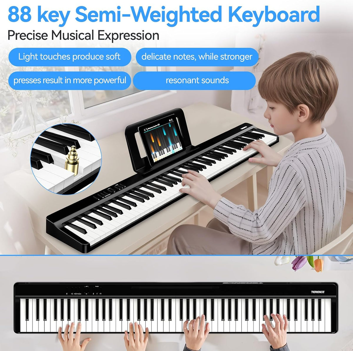 Digital Piano Keyboard 88 Keys Folding Portable Electric Stand Black TERENCE