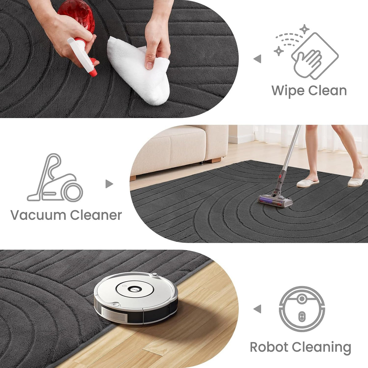 Large Washable Rug 240x300cm Grey Soft Living Room Bedroom Carpet Sour Lemon Home