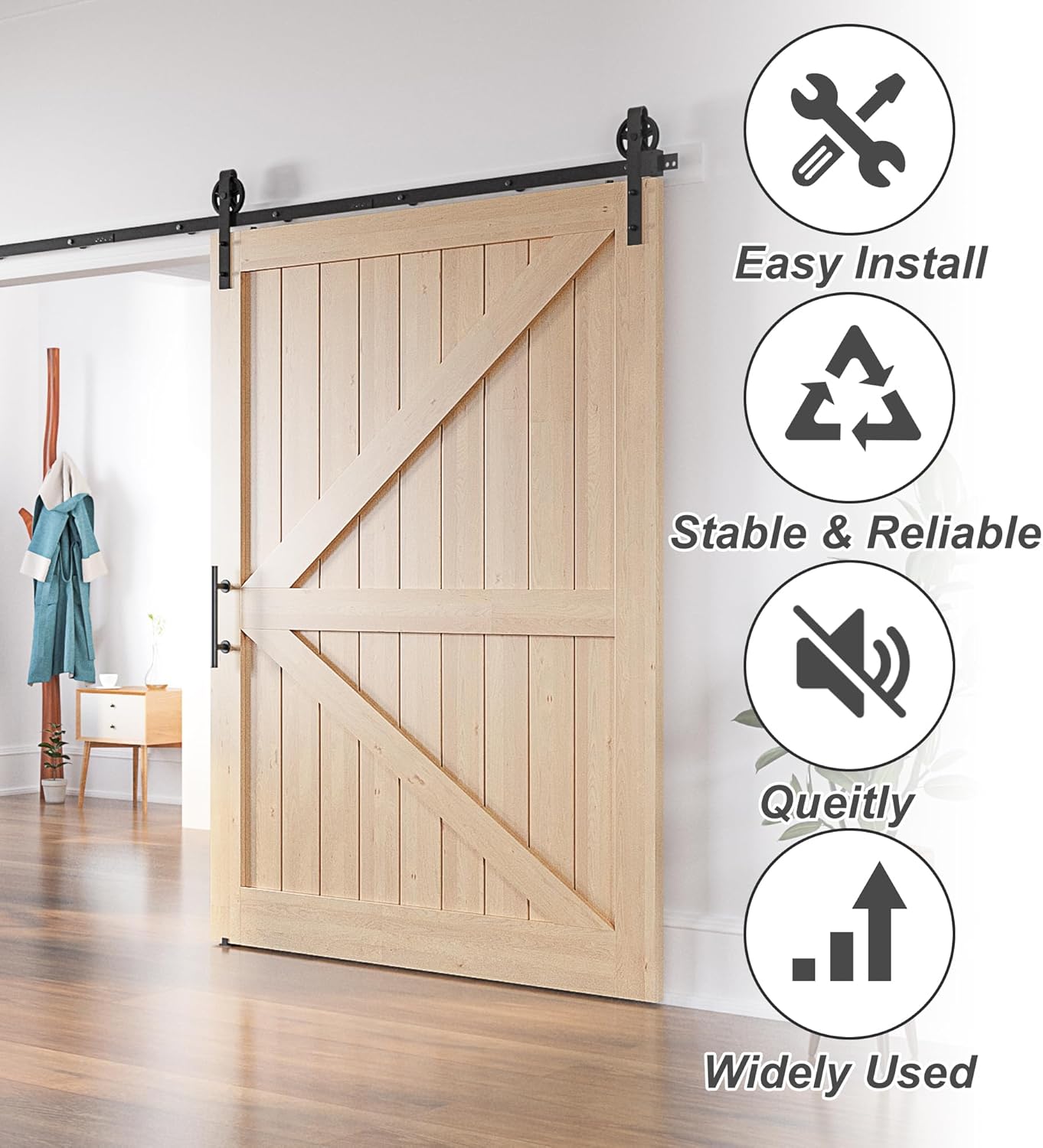 Barn door with installation hardware and features on a white background