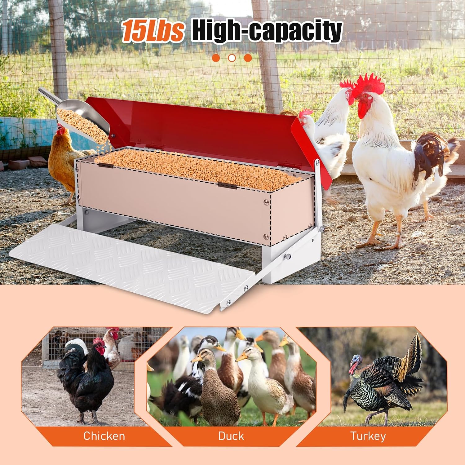 Automatic Chicken Feeder 7KG Rat Proof Treadle Galvanised Metal Poultry Outdoor