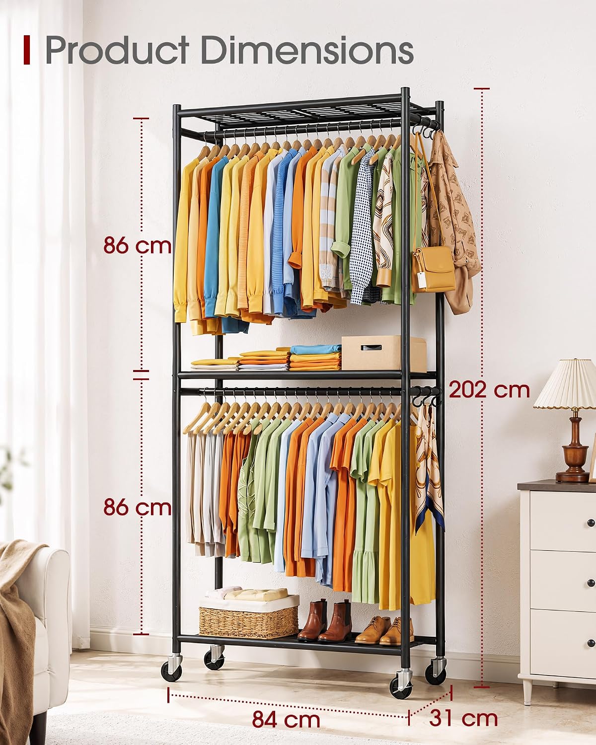 Clothing Rack 202cm Metal Garment Rail Shelves Hooks Wheels Black Sakugi Storage