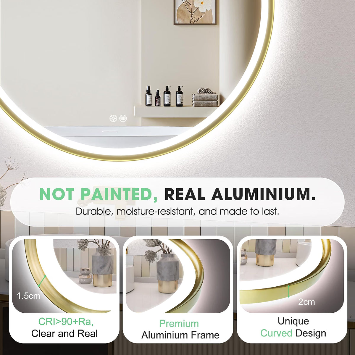 LED Bathroom Mirror 800mm Round Gold Dimmable Demister 3 Colour S'bagno