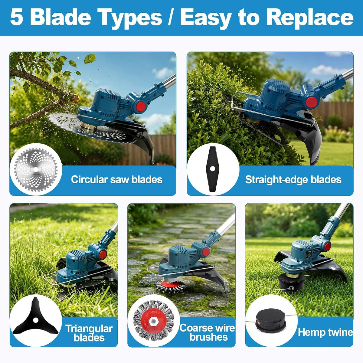 Cordless Grass Trimmer 21V 25cm 2 x 4.0Ah Batteries 5 Blade Types Strimmer