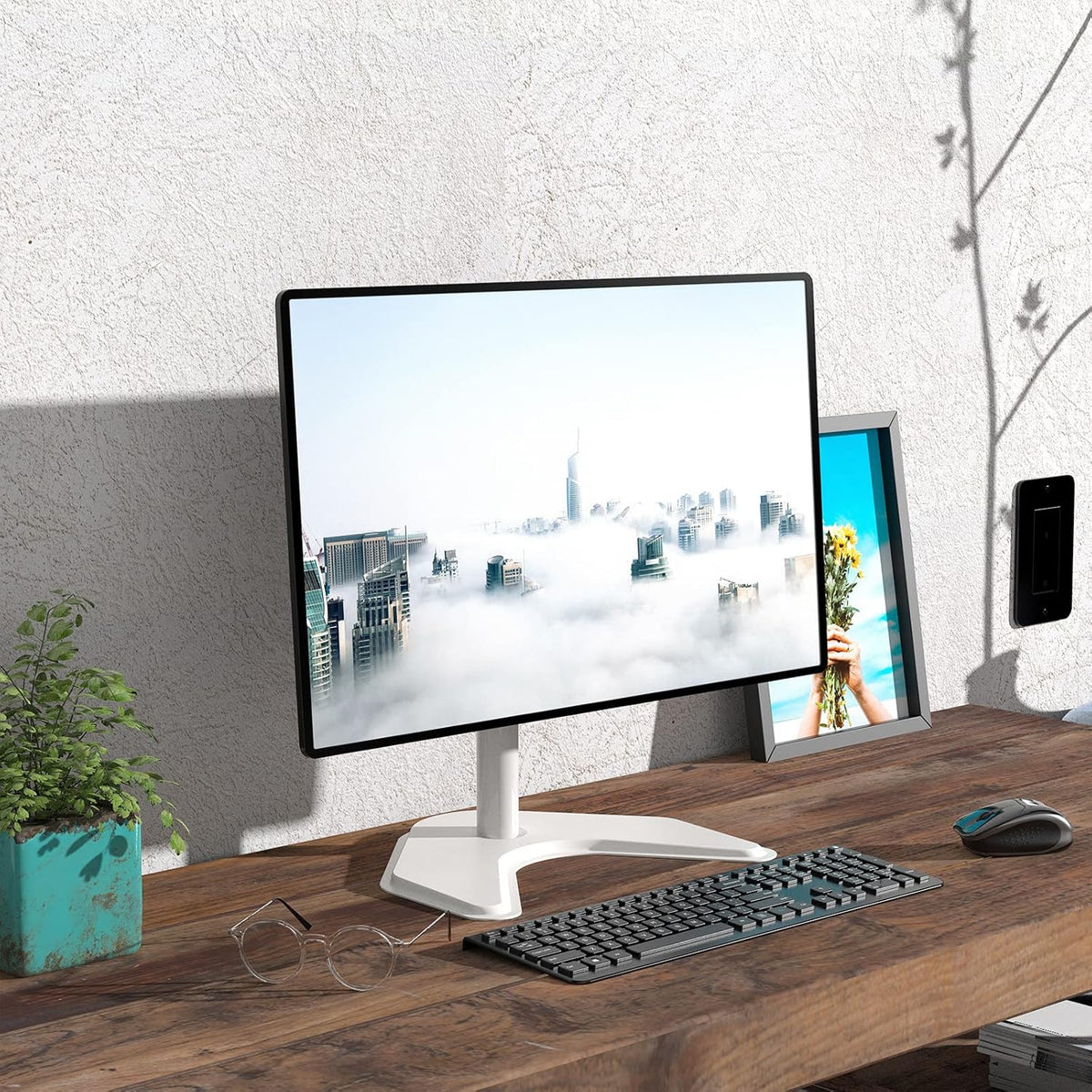 Single Monitor Stand 32 Inch Free Standing Adjustable VESA White WALI
