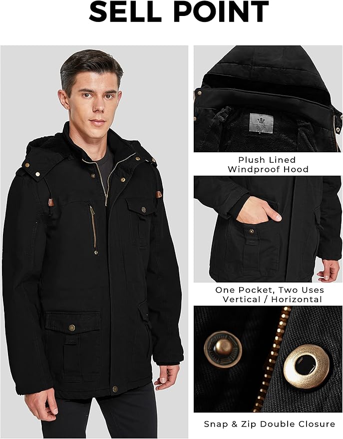 Black jacket with plush lined windproof hood, one pocket two uses, snap & zip double closure on a gray background.