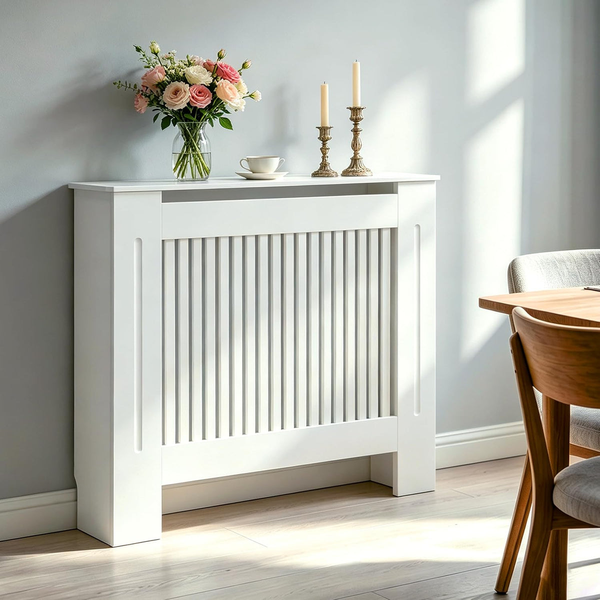Radiator Cover 100cm High Extra Tall White MDF Vertical Slat Cabinet Fativo