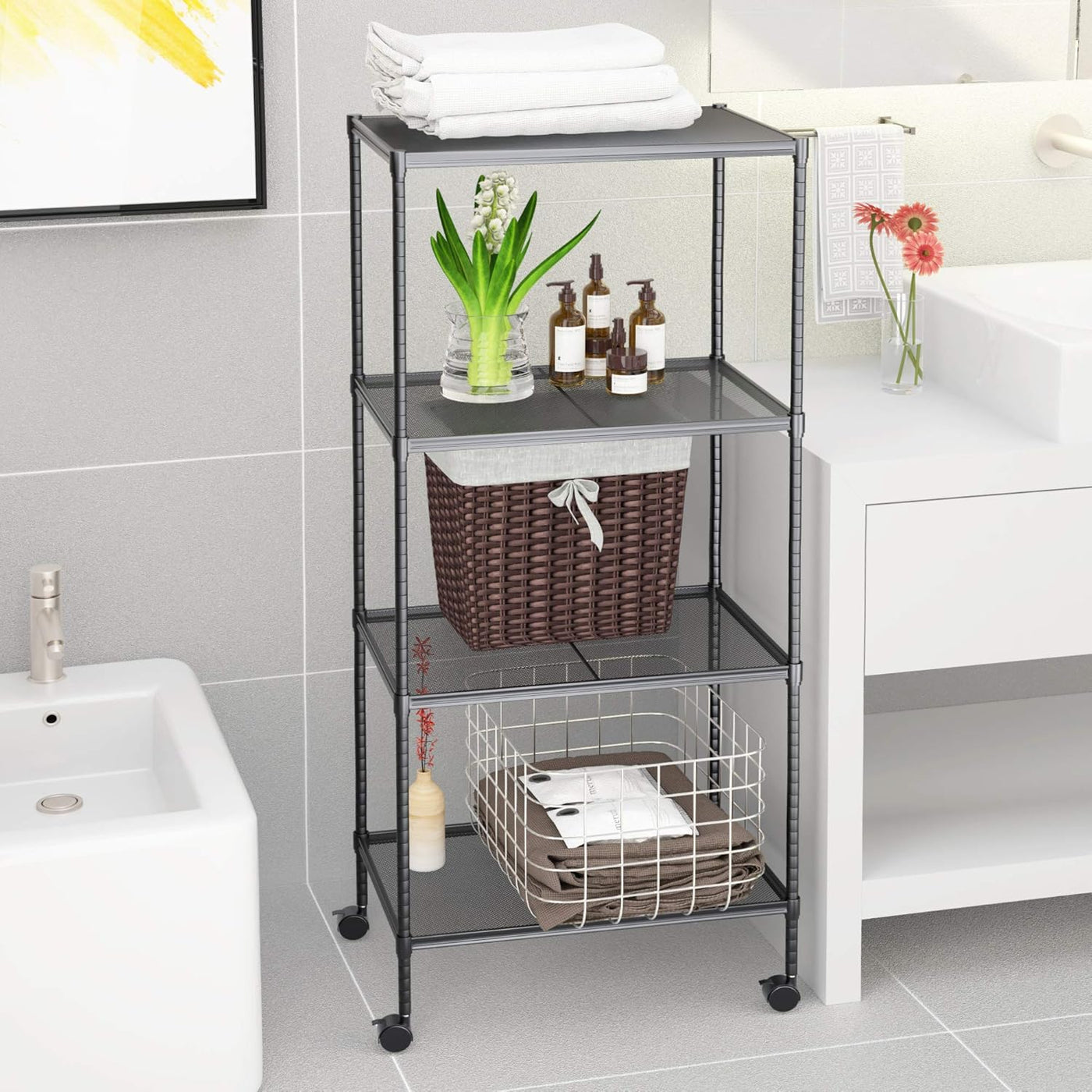 OVICAR 4-Tier Adjustable Wire Storage Rack w/ Wheels, Steel Shelf Organizer