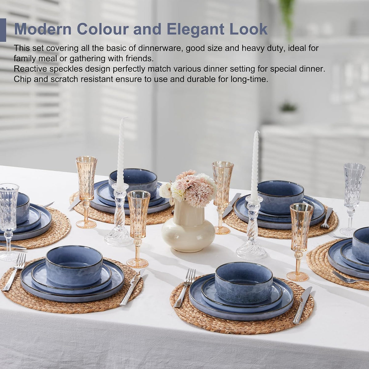 Stoneware Dinner Set 18 Piece Dinnerware Plates Bowls for 6 Gray Blue Herogo