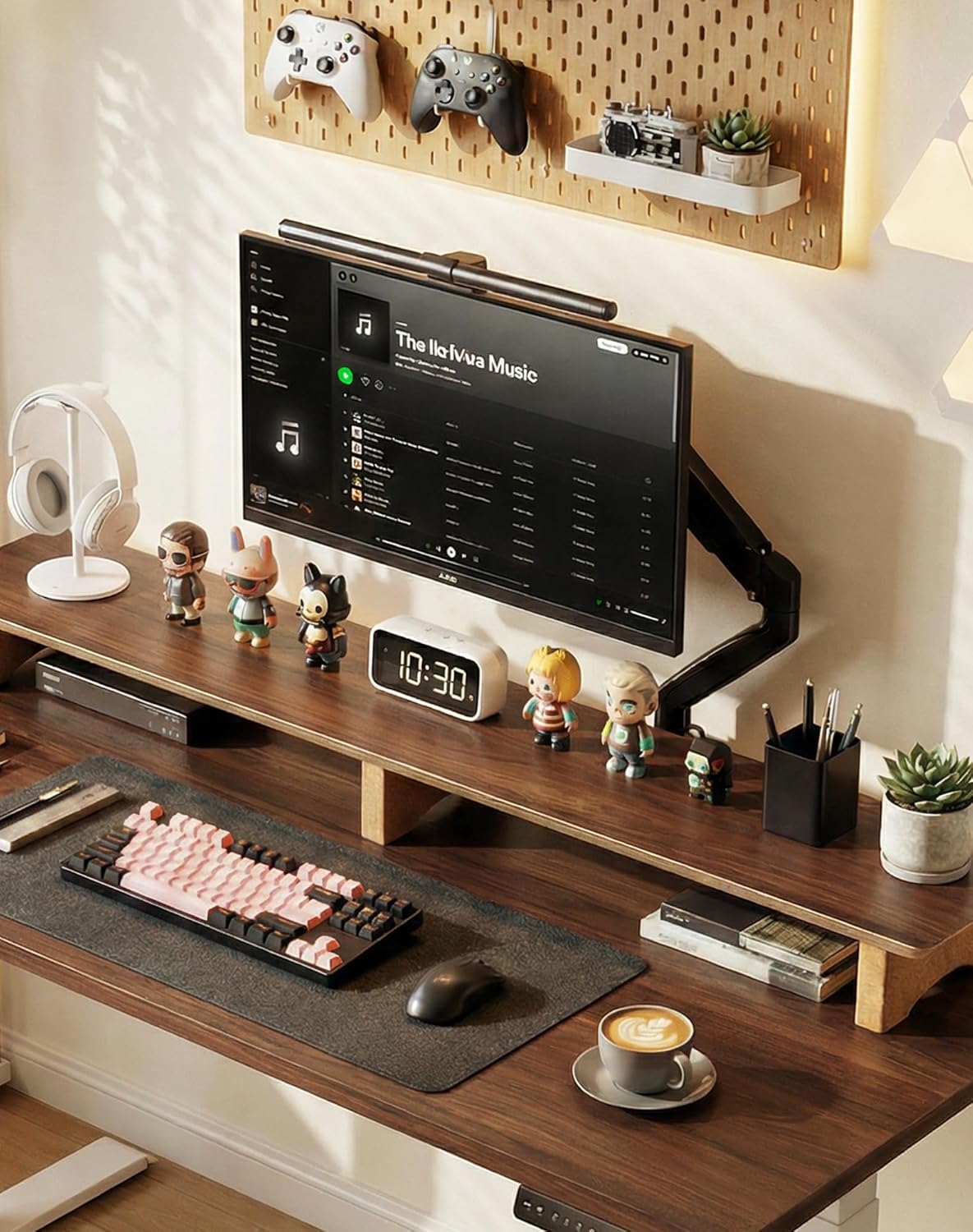 Dual Monitor Stand Riser Wooden Desktop Organizer Black Walnut Aothia