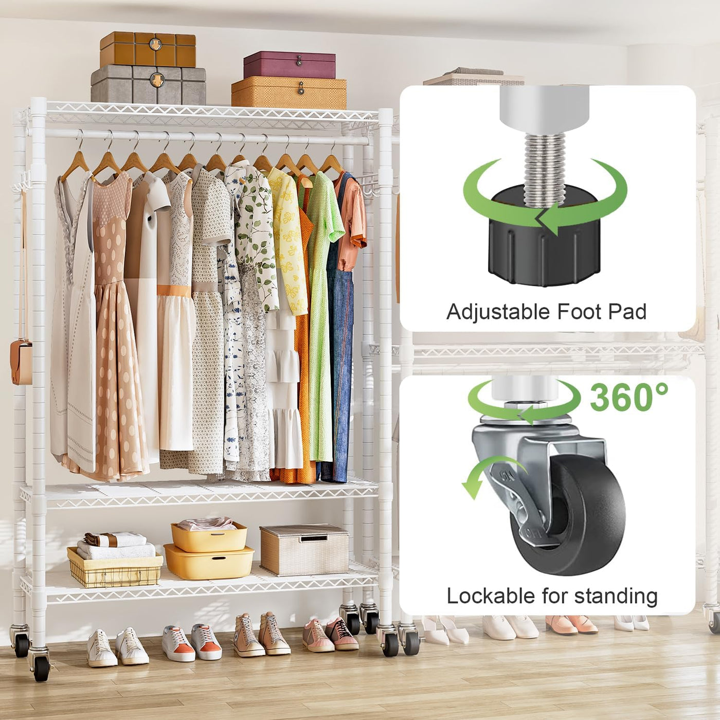 Clothing rack with adjustable foot pad and lockable wheels, displaying clothes and shoes.