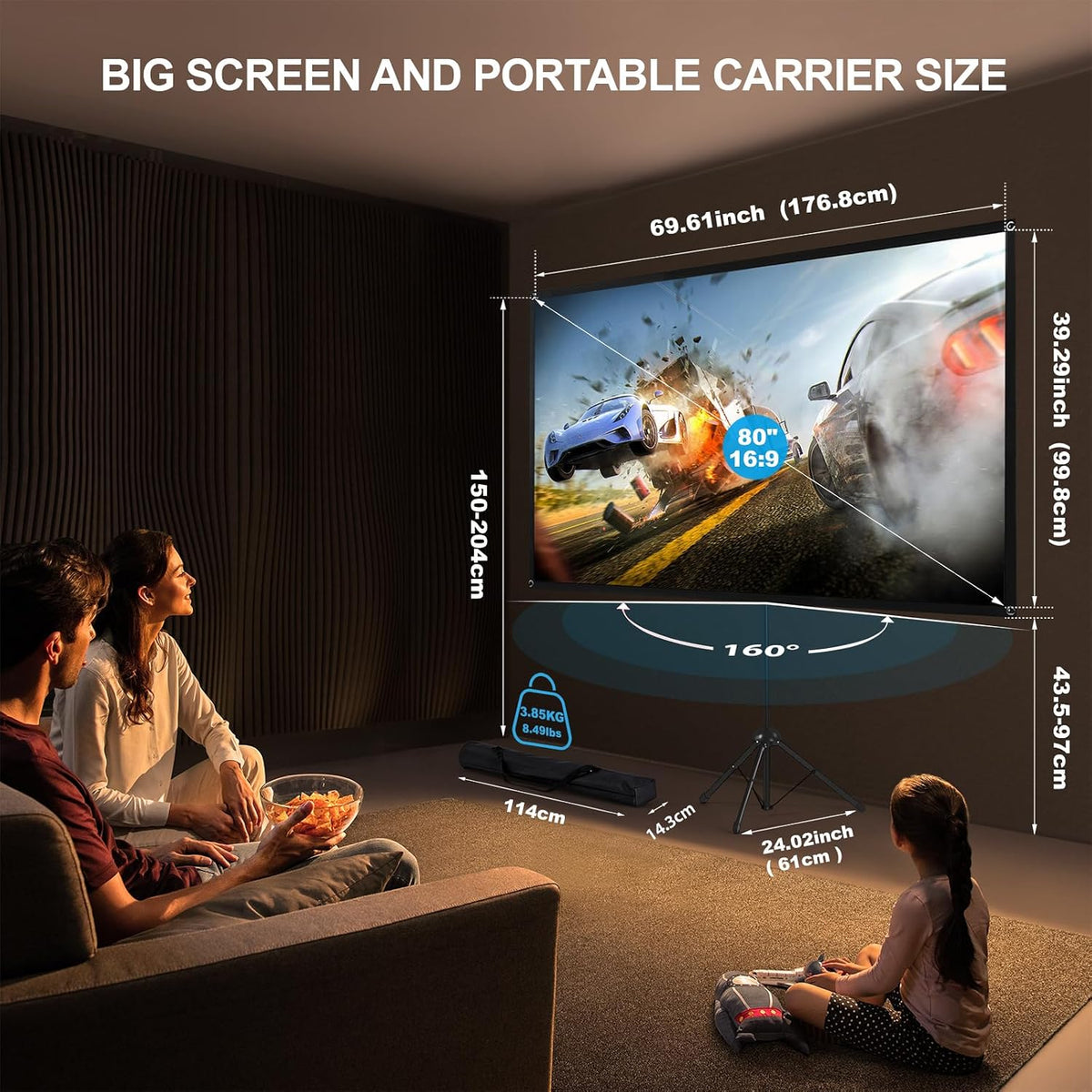 Projector Screen 80 Inch 16:9 Tripod Stand Portable Outdoor Home Cinema Garden
