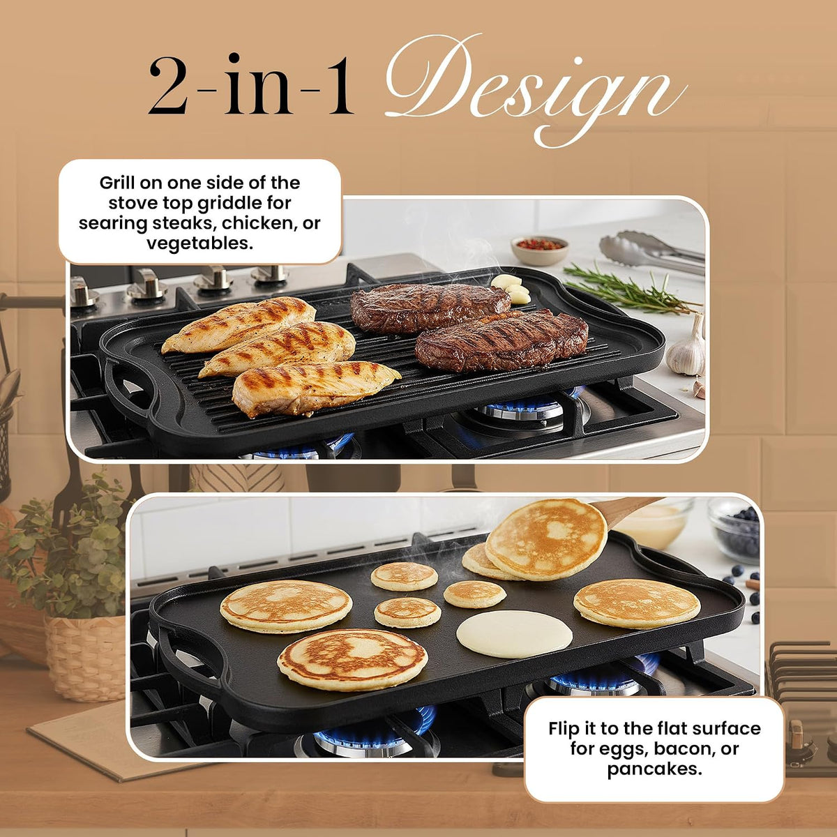 Cast Iron Griddle Pan 50x25cm Double Sided Pre Seasoned Gas Hob BBQ Grill nuovva