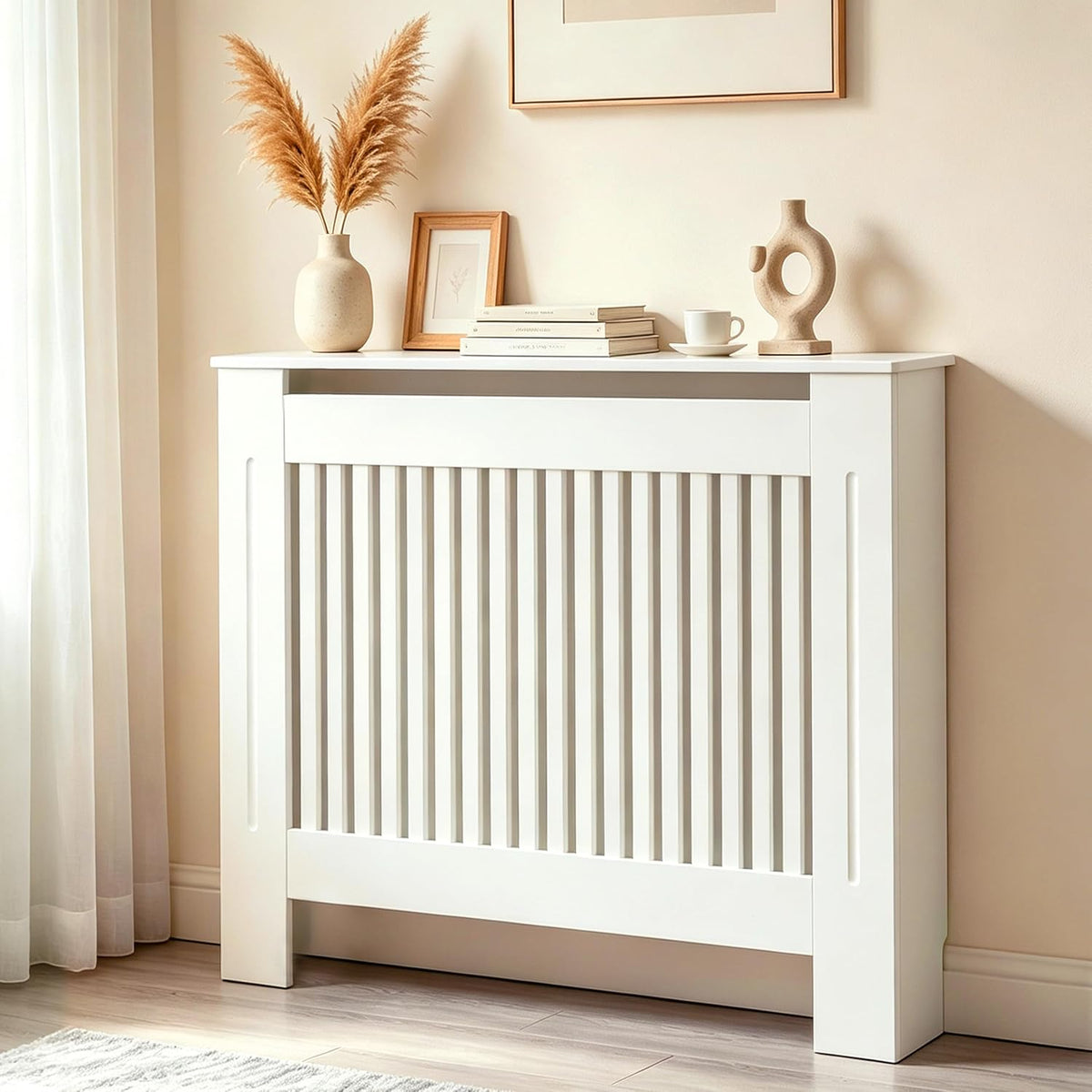 Radiator Cover 100cm High Extra Tall White MDF Vertical Slat Cabinet Fativo
