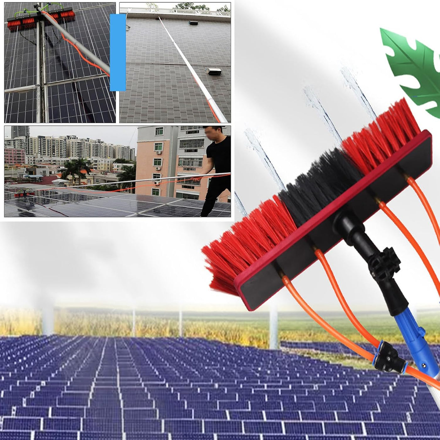 Solar panel cleaning brush with images of solar panels and a person using it.