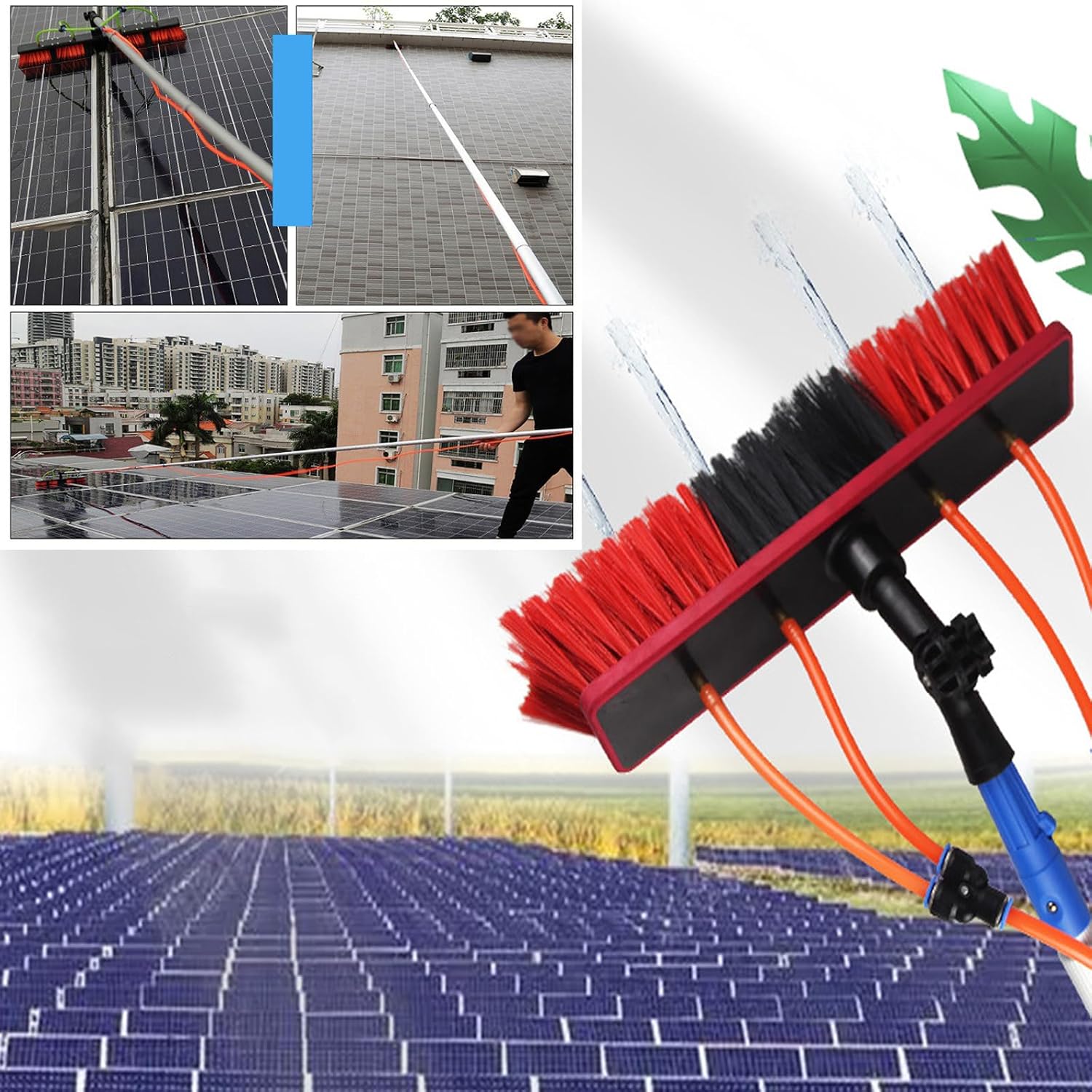 Solar panel cleaning brush with images of solar panels and a person using it.