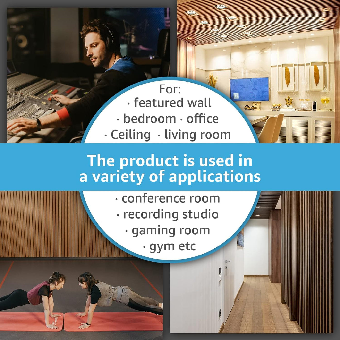 Collage of a person working in a recording studio, two women exercising in a gym, and a modern office space with text about product applications.