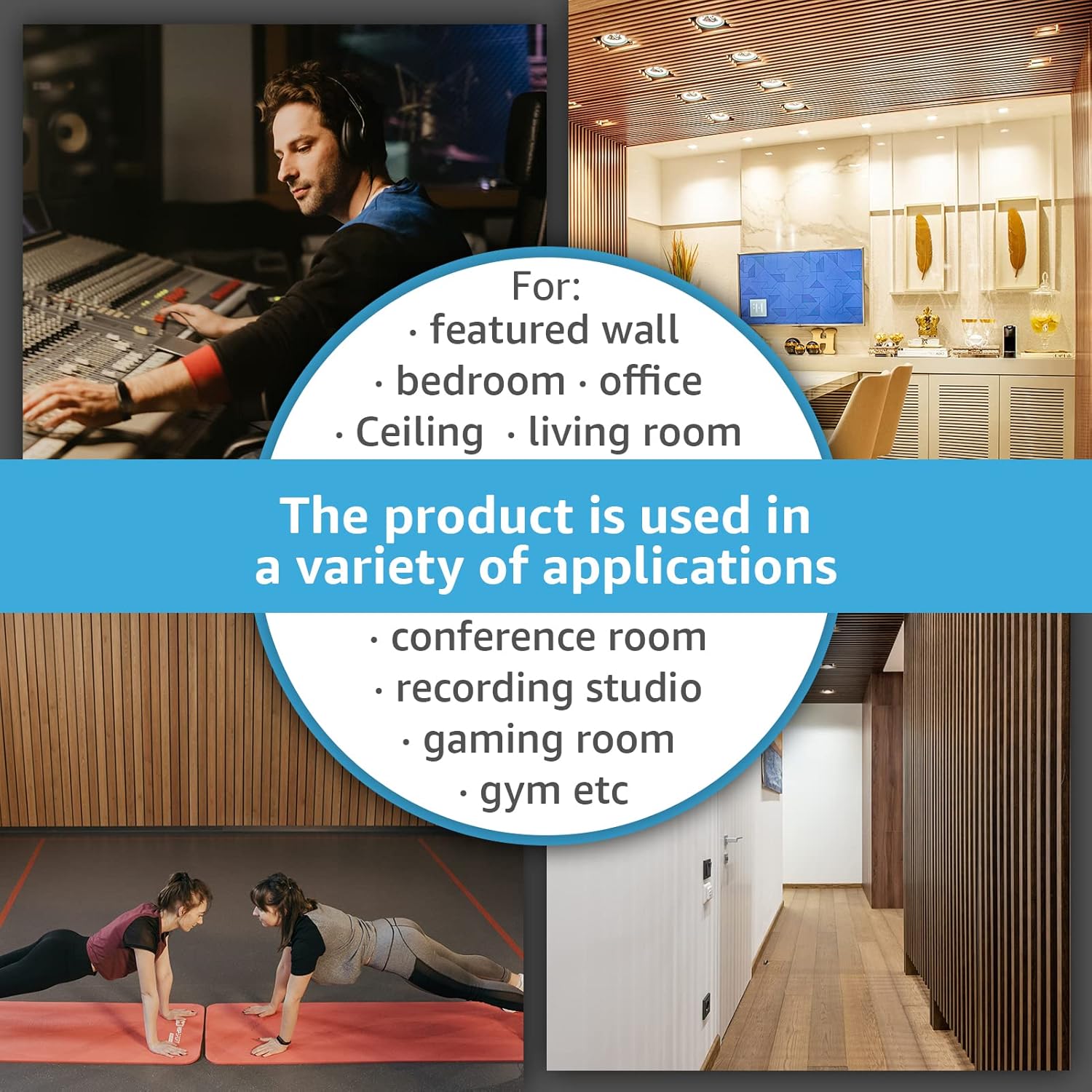 Collage of a person working in a recording studio, two women exercising in a gym, and a modern office space with text about product applications.