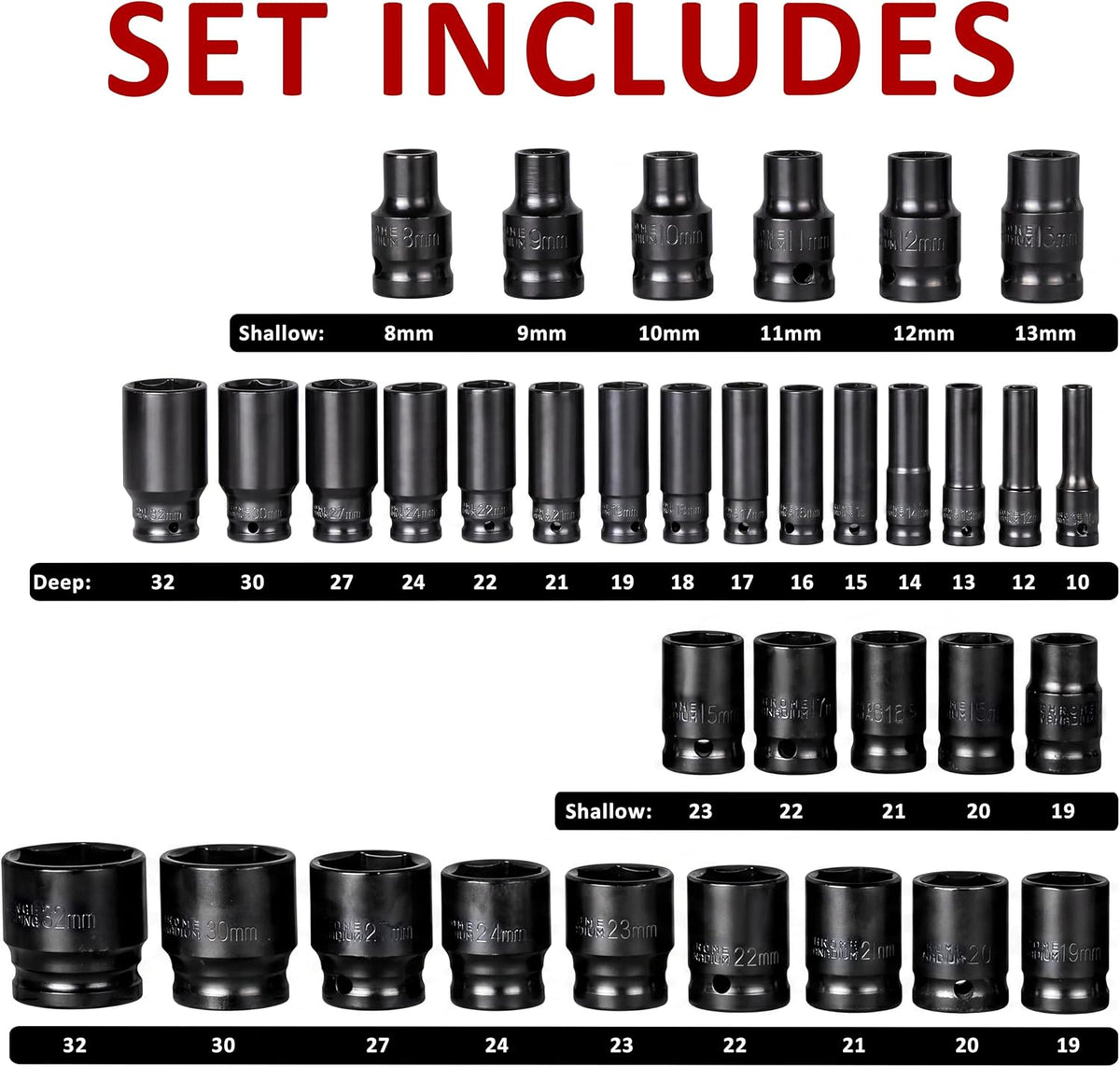 Impact Socket Set 35PCS 1/2 Inch Drive Deep Sockets Workshop Mechanic Tool Kit