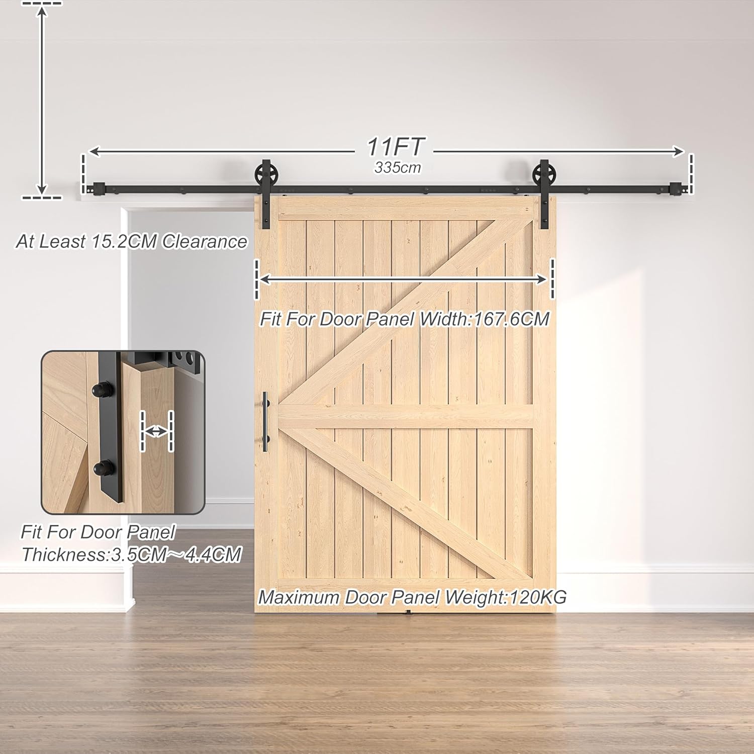 Wooden barn door with hardware on a white wall, showing measurements and specifications.