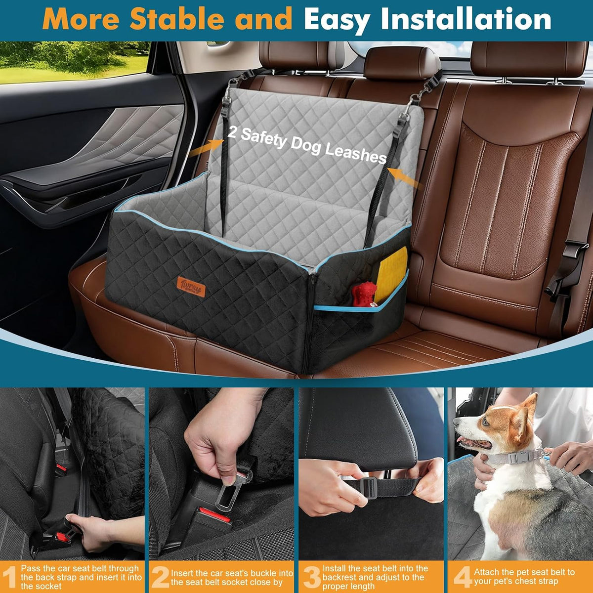 Dog Car Seat Medium Dogs Up to 60lb Thick Cushion Black Grey Large Pet Booster