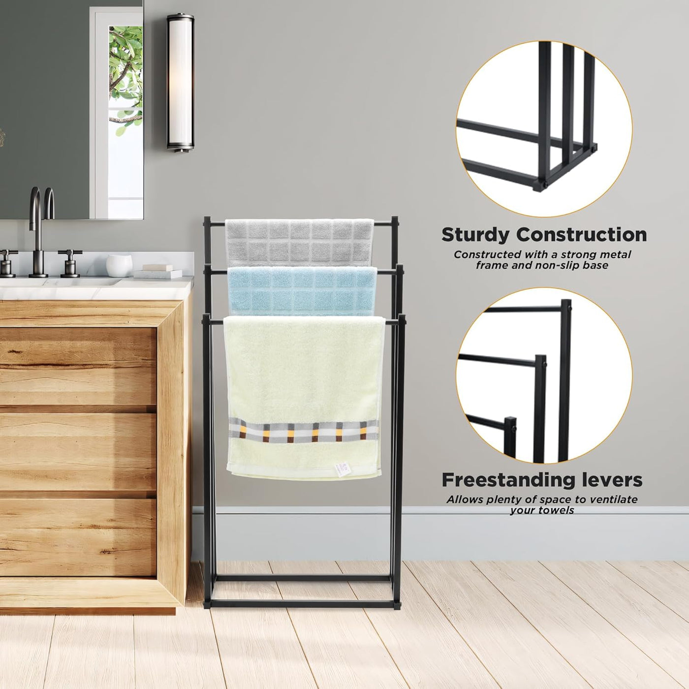 Freestanding Towel Rail 3 Tier Black Metal Towel Drying Rack Bathroom aleawol