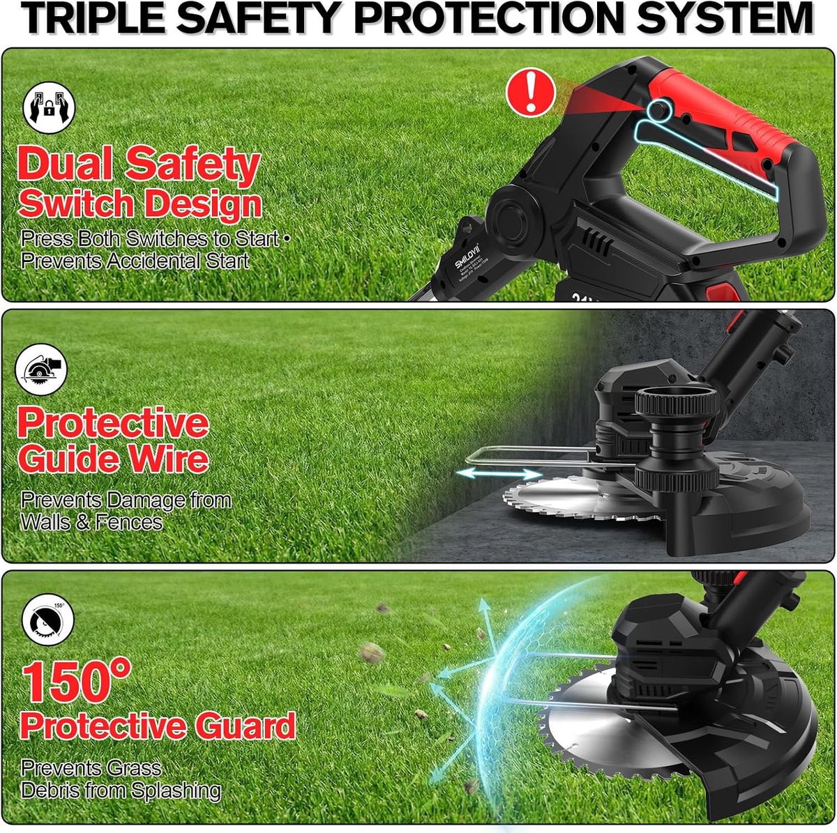 Cordless Strimmer 750W 24000RPM 2x2Ah Batteries Wheels Metal Blades LCD Display