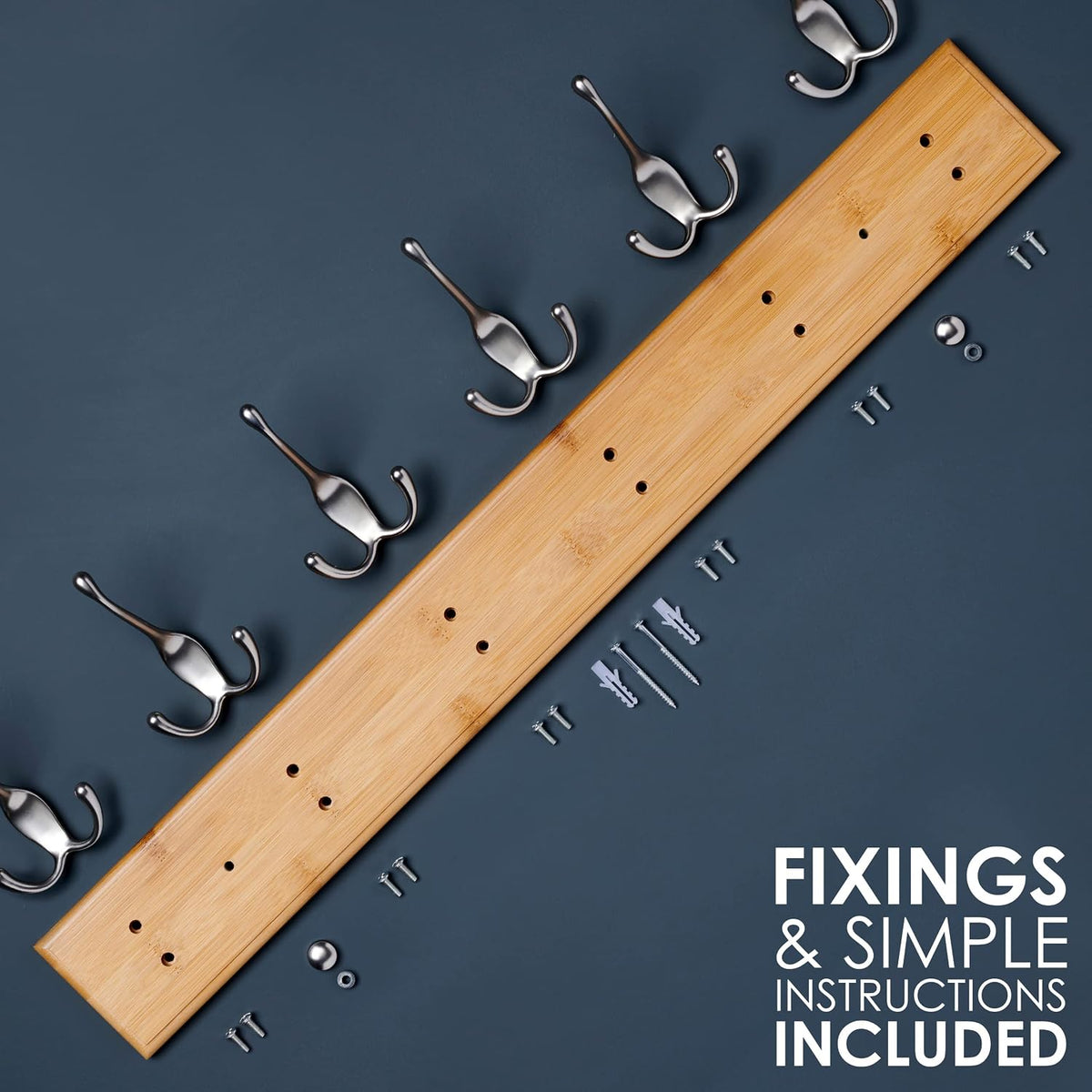 Wall Mounted Coat Rack 59cm Wooden 6 Matt Nickel Hooks Hallway Storage LARHN