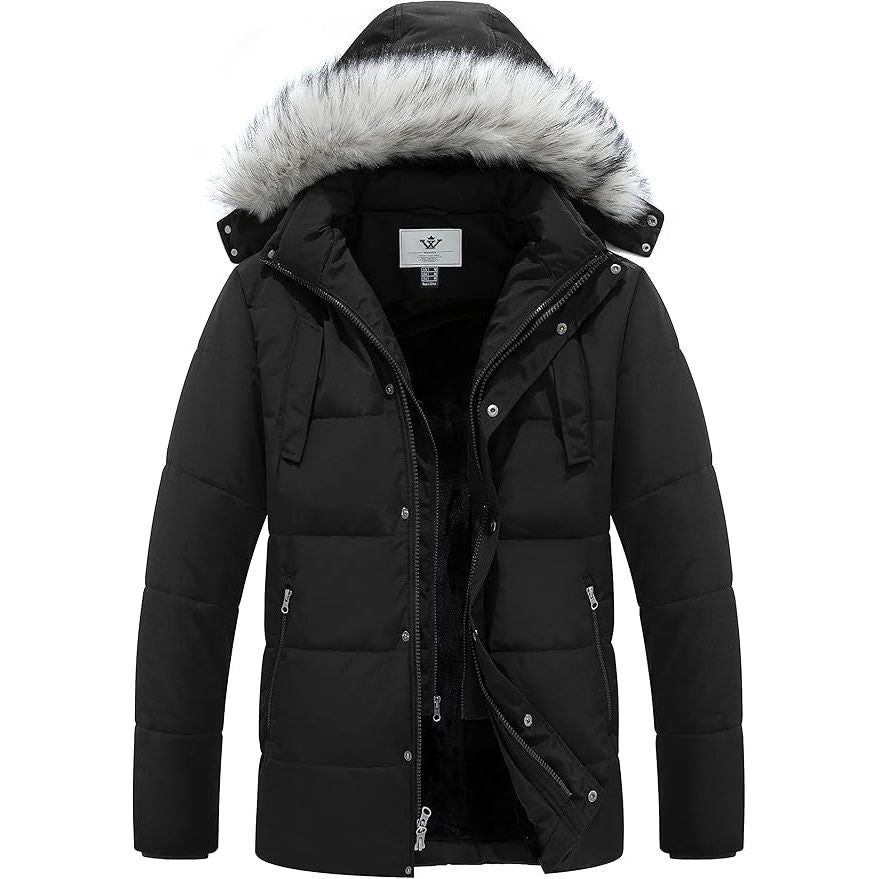 Black winter jacket with fur-lined hood on a white background