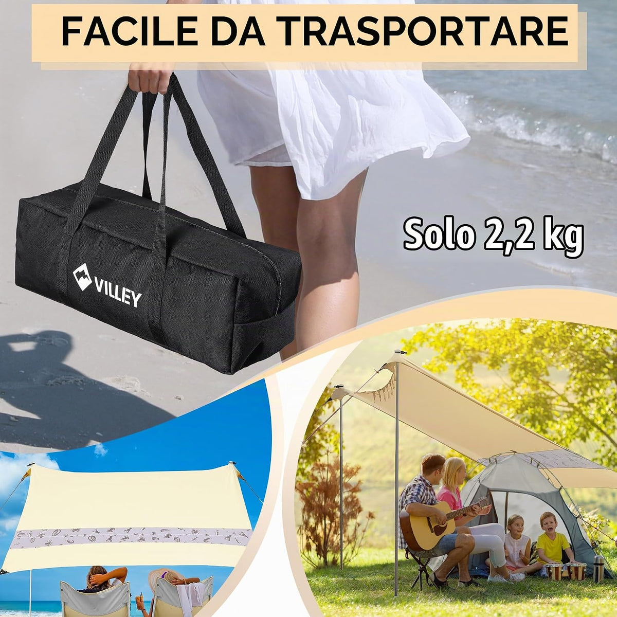 Beach Tent 2x2.4m UPF50+ Sun Shade Awning 3 Person Khaki VILLEY Camping Shelter