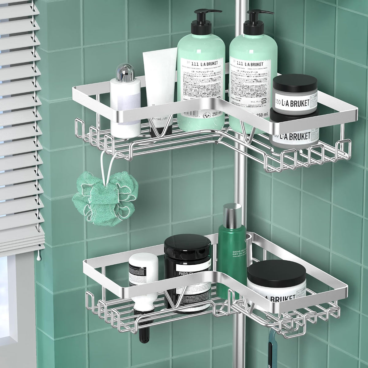 Corner Shower Caddy 25-114 Inch Telescopic 4 Basket No Drill Rustproof Silver Rack