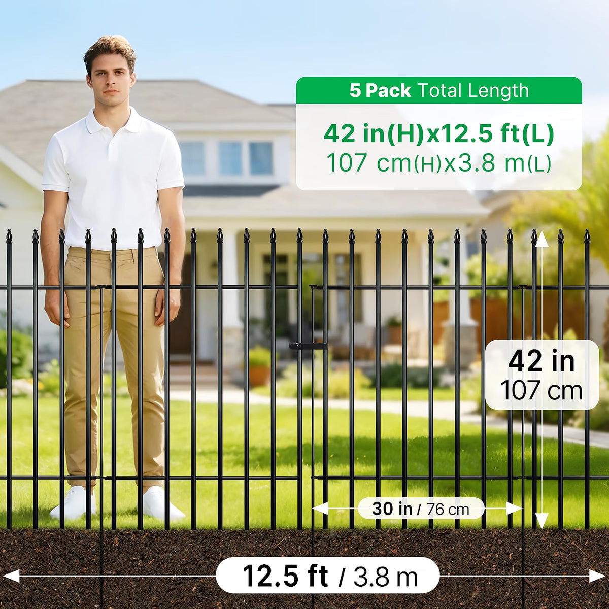 Metal Garden Fence 106cm Decorative 4 Panels 1 Gate Outdoor Animal Barrier Black