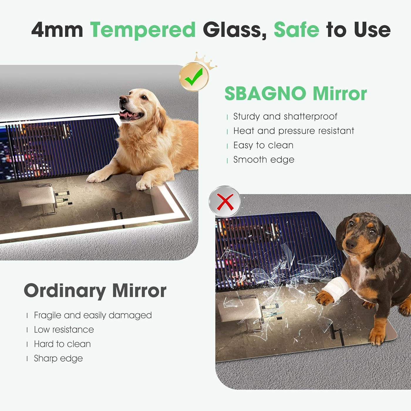 Comparison of SBAGNO tempered glass mirror and ordinary mirror with a dog and a broken mirror.