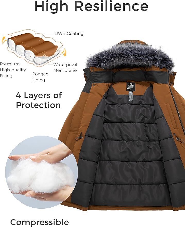 Brown and black winter jacket with features highlighted on a white background