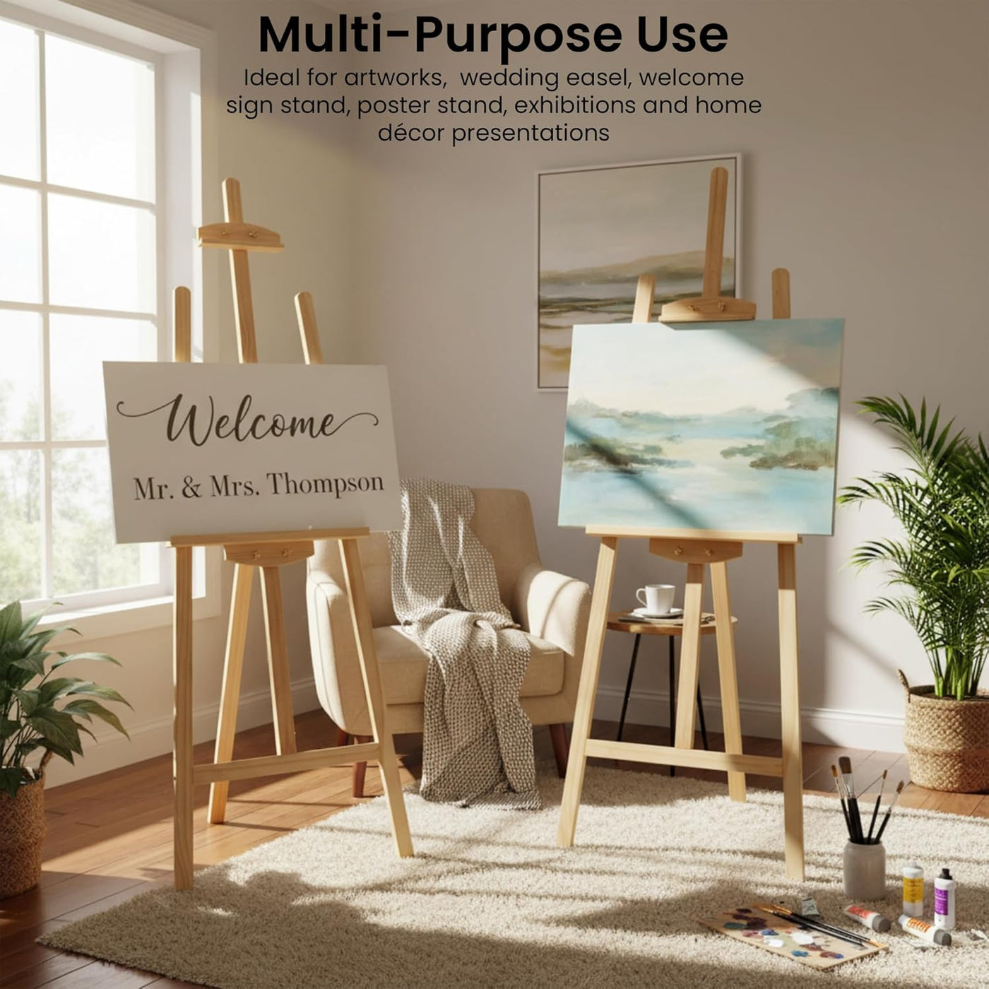 Wooden art easels with artworks and decorative items in a home setting
