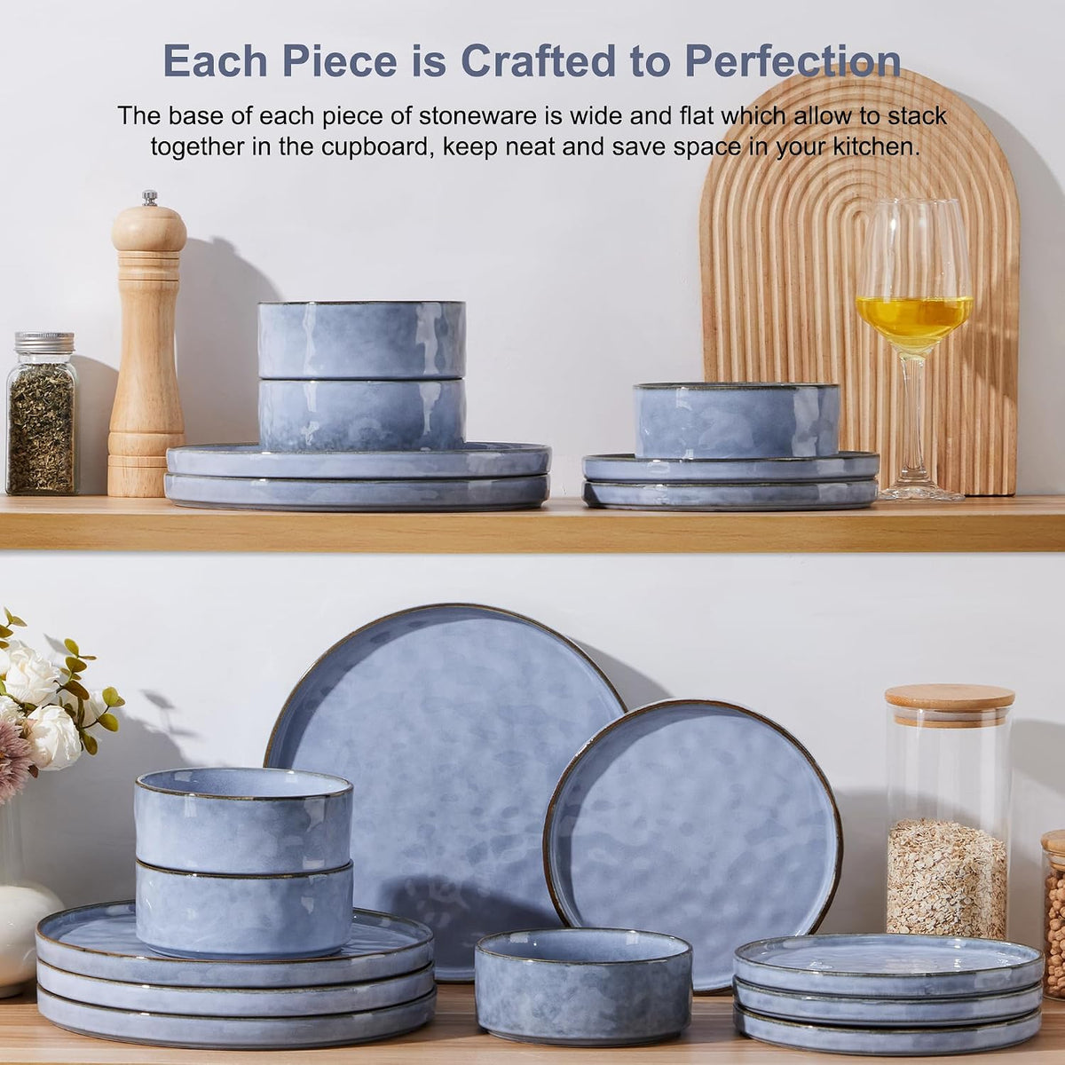 Stoneware Dinner Set 18 Piece Dinnerware Plates Bowls for 6 Gray Blue Herogo
