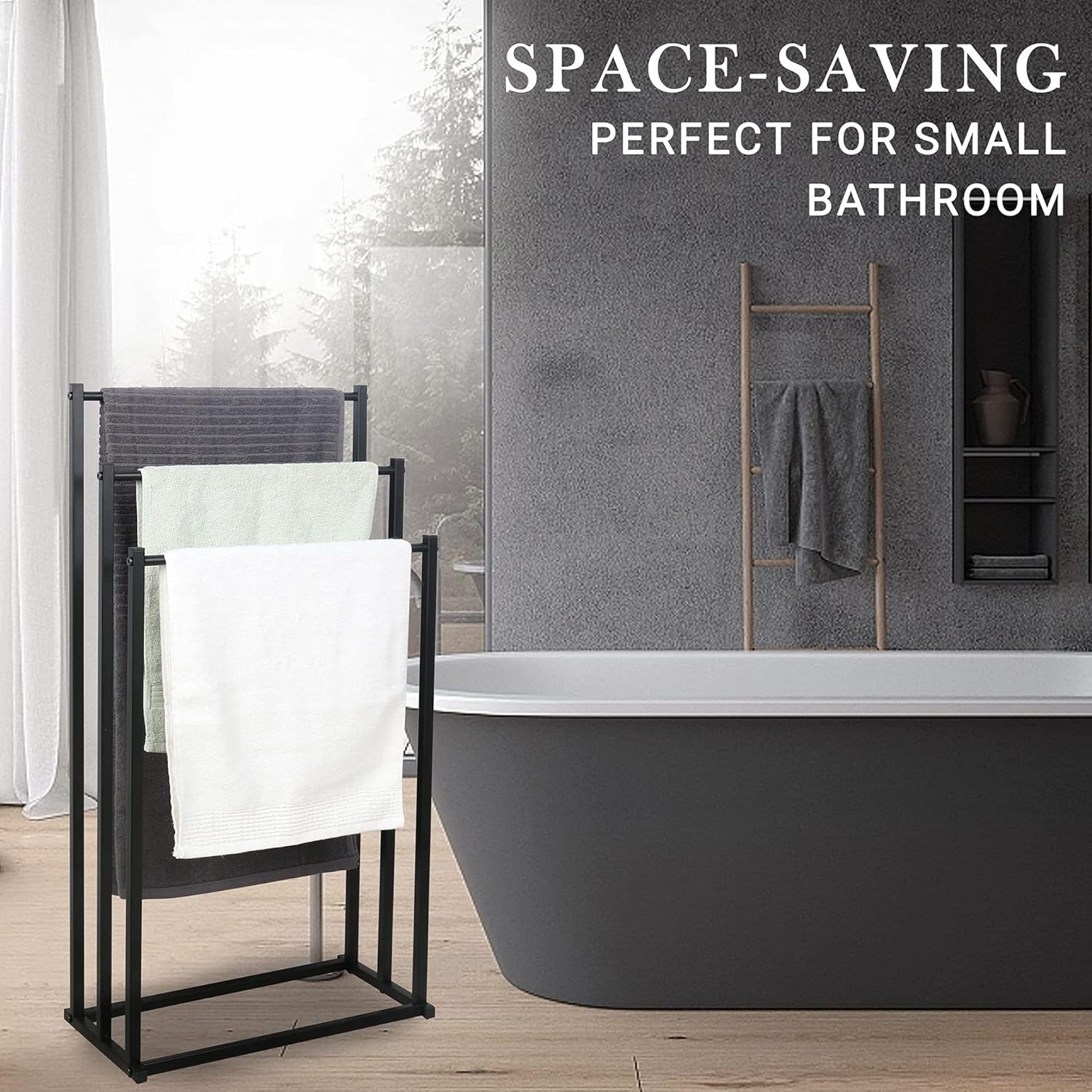 Freestanding Towel Rail 3 Tier Black Metal Towel Drying Rack Bathroom aleawol