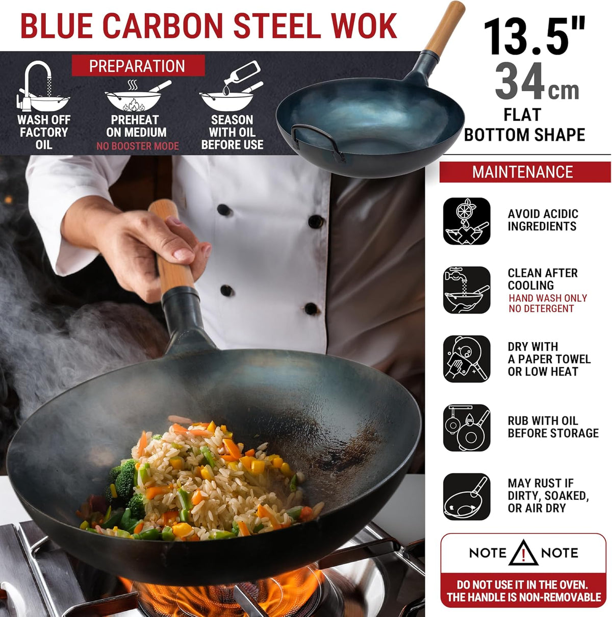Carbon Steel Wok 34cm Pre Seasoned Flat Bottom Blue Stir Fry Pan YOSUKATA