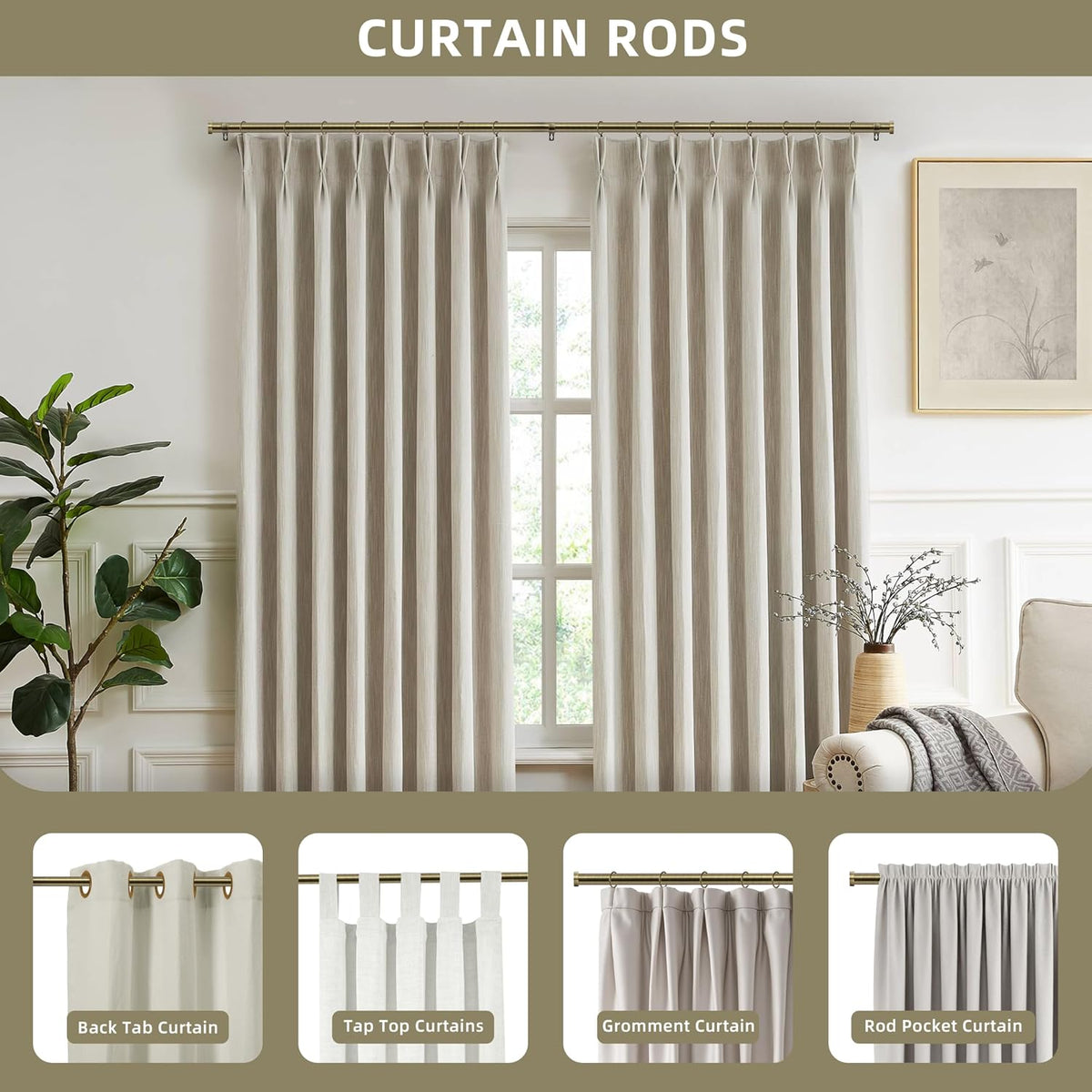 Extendable Curtain Pole 120-210cm 25mm Antique Brass Cap Finials Curtain Rod Set