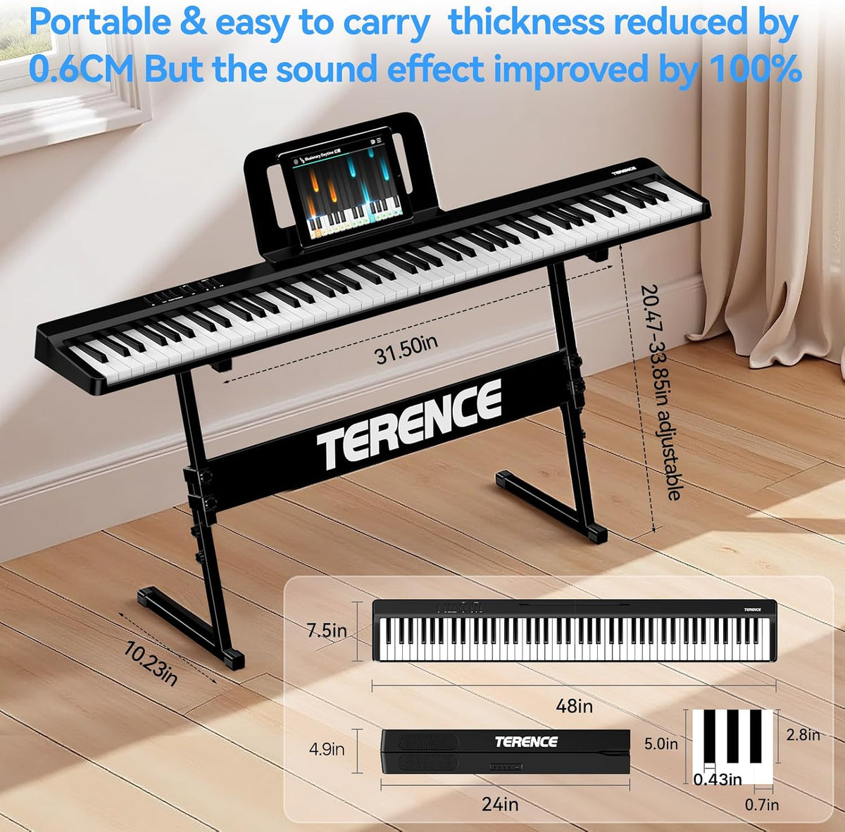 Digital Piano Keyboard 88 Keys Folding Portable Electric Stand Black TERENCE