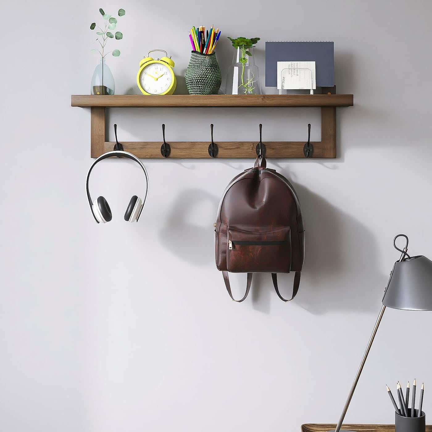 Coat Rack Wall Mounted Shelf 74cm Bamboo Hooks Storage Walnut SMIBUY