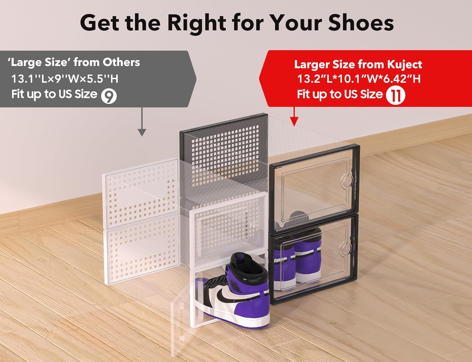 Kuject 12-Pack Clear Stackable Shoe Boxes, Fit Size 12, Space-Saving Organizer