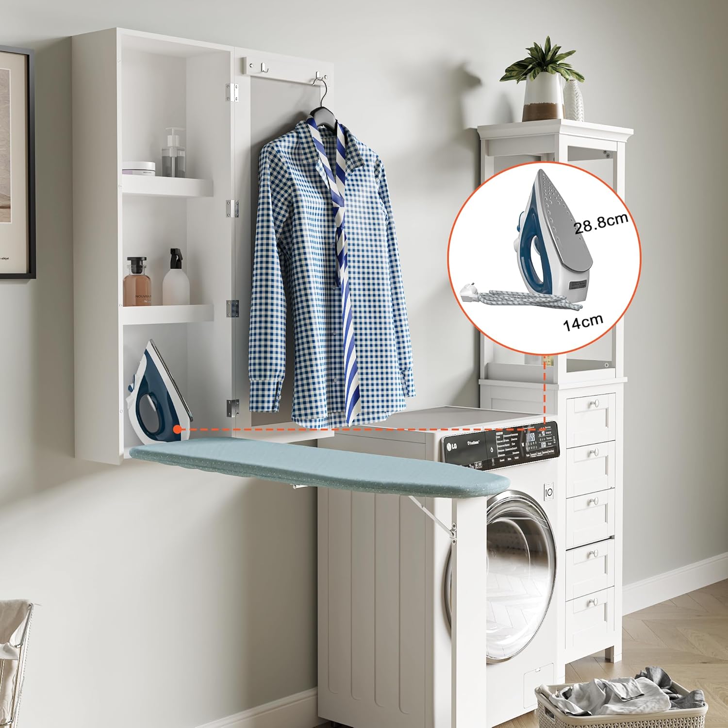 Wall Mounted Ironing Board Cabinet Foldable Iron Storage Mirror Space Saving
