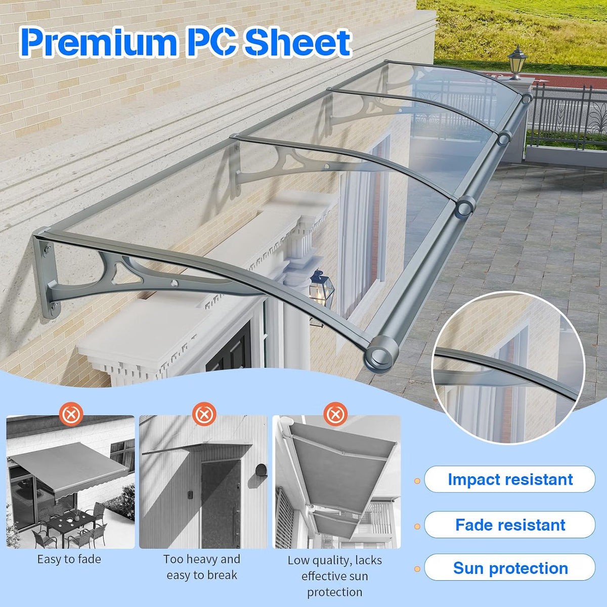 Door Canopy Awning 100x100cm Polycarbonate Aluminium UV Rain Snow Protection
