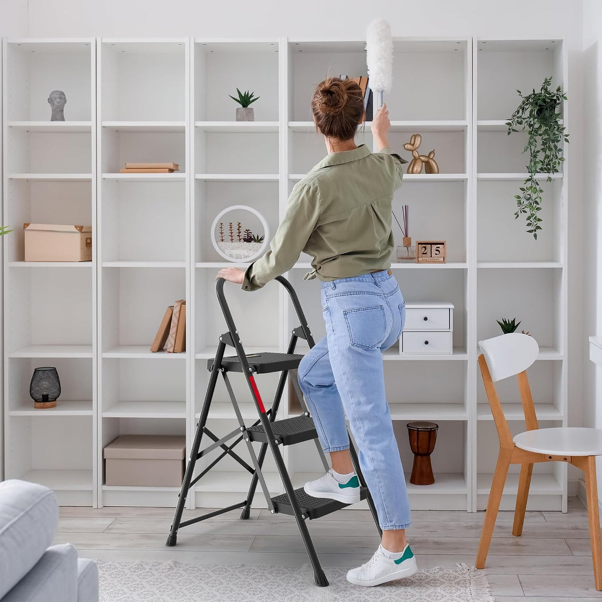 3 Step Ladder Folding Steel Step Stool Wide Anti Slip Pedals 150kg BONTEC Home