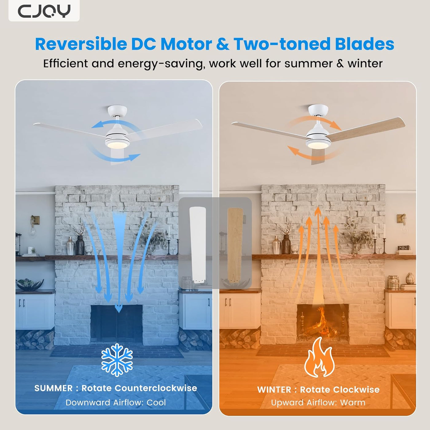 52 Inch Ceiling Fan With Lights Remote Fan 6 Speeds DC Reversible White CJOY
