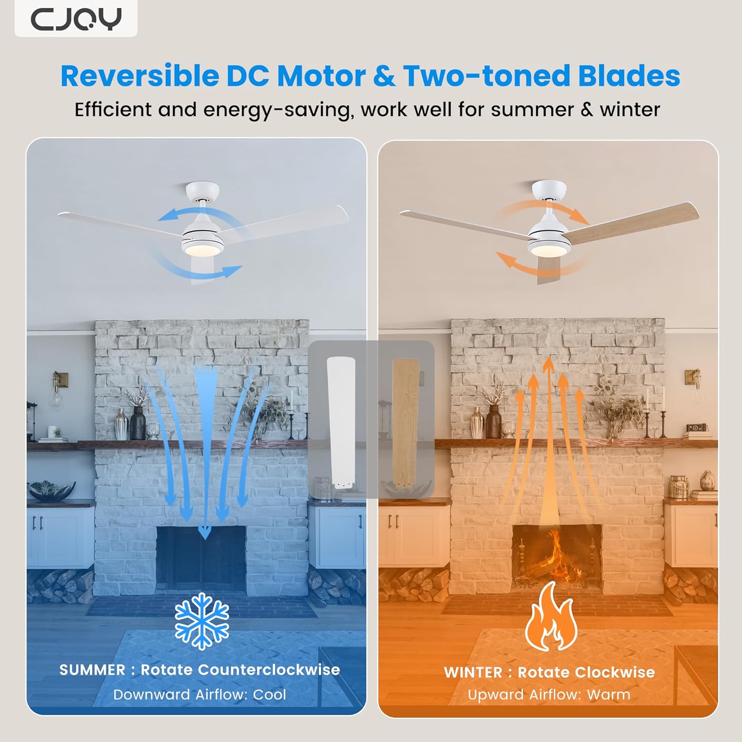 52 Inch Ceiling Fan With Lights Remote Fan 6 Speeds DC Reversible White CJOY