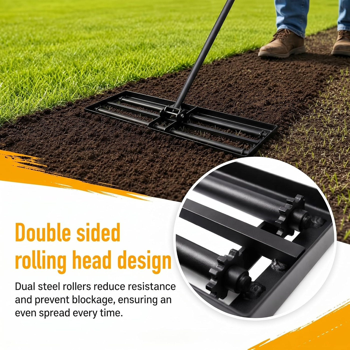 Lawn Levelling Rake 76x25cm Rolling Head 207cm Adjustable Handle A3 Steel Garden