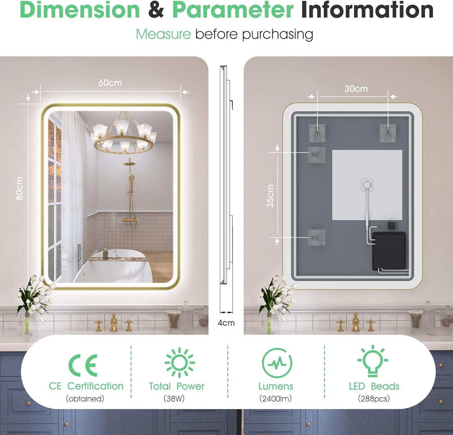 Bathroom mirror with dimensions and CE certification label