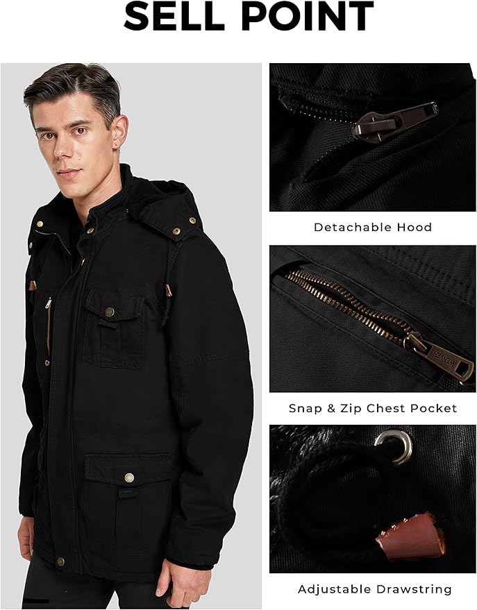 Black jacket with detachable hood, snap & zip chest pocket, and adjustable drawstring features.